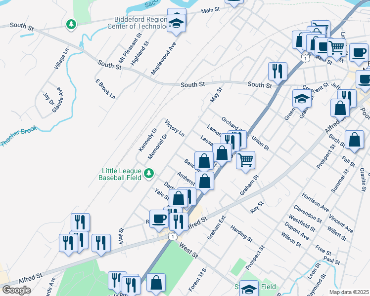 map of restaurants, bars, coffee shops, grocery stores, and more near 30 Beacon Avenue in Biddeford