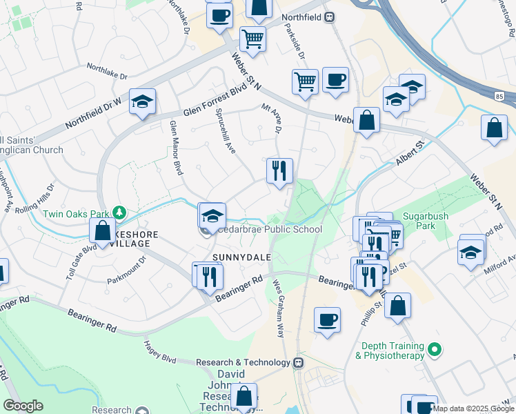 map of restaurants, bars, coffee shops, grocery stores, and more near 475 Parkside Drive in Waterloo