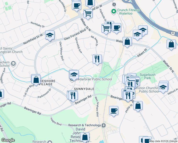 map of restaurants, bars, coffee shops, grocery stores, and more near 203 Cedarvale Crescent in Waterloo