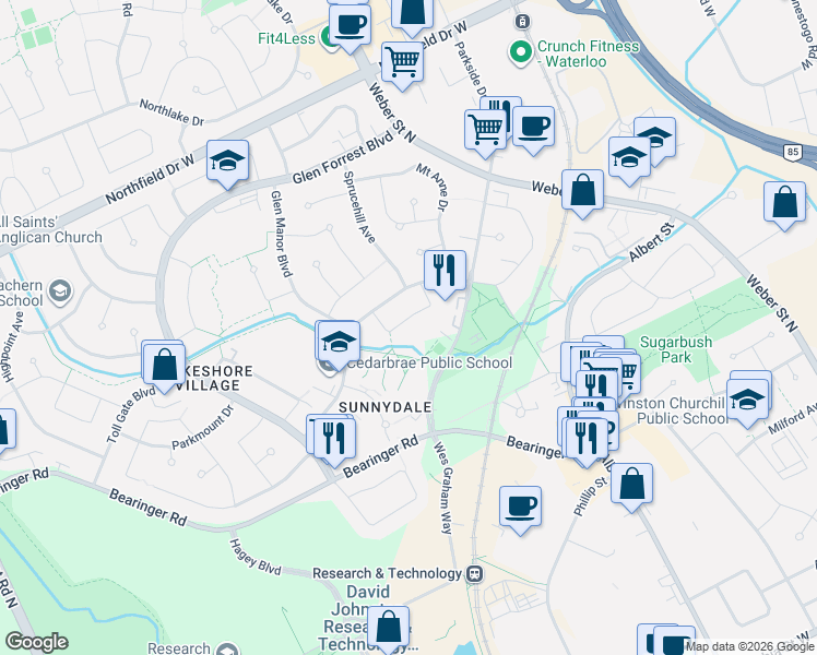 map of restaurants, bars, coffee shops, grocery stores, and more near 197 A Cedarvale Crescent in Waterloo