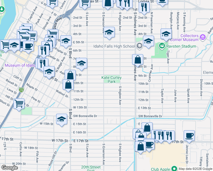 map of restaurants, bars, coffee shops, grocery stores, and more near 353 11th Street in Idaho Falls