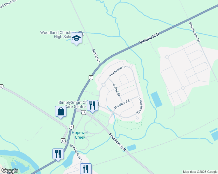 map of restaurants, bars, coffee shops, grocery stores, and more near 21 West Tree Drive in Breslau