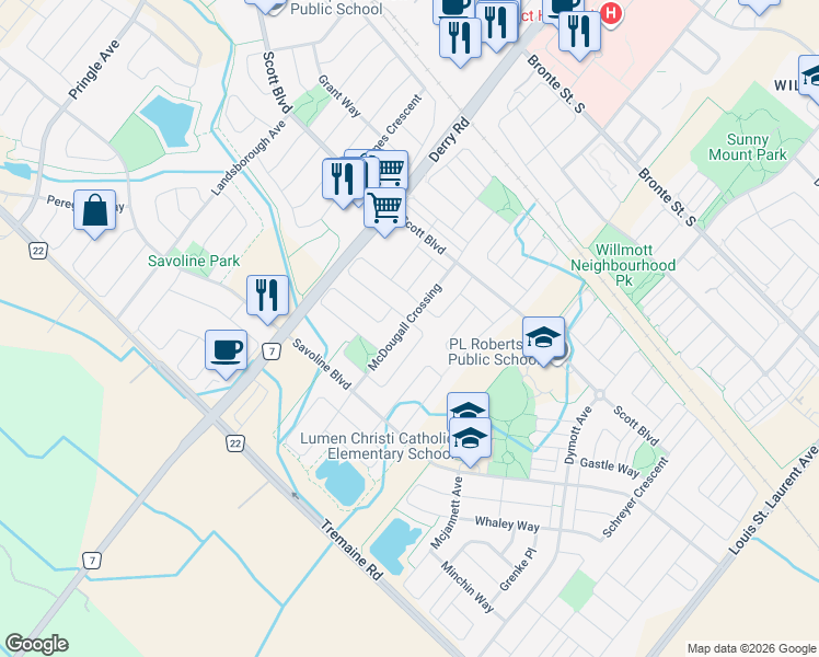 map of restaurants, bars, coffee shops, grocery stores, and more near 308 McDougall Crossing in Milton