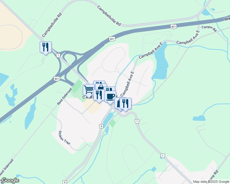 map of restaurants, bars, coffee shops, grocery stores, and more near 35 Campbell Avenue East in Milton