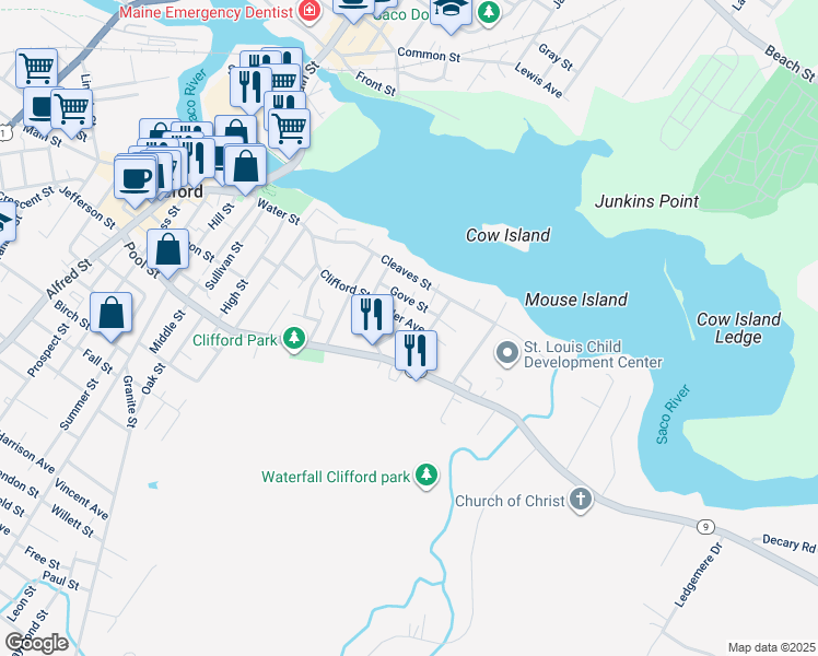 map of restaurants, bars, coffee shops, grocery stores, and more near 181 Pool Street in Biddeford