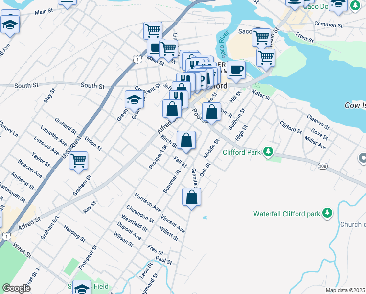 map of restaurants, bars, coffee shops, grocery stores, and more near 23 Fall Street in Biddeford