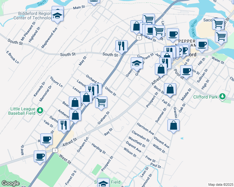 map of restaurants, bars, coffee shops, grocery stores, and more near 34 Union Street in Biddeford