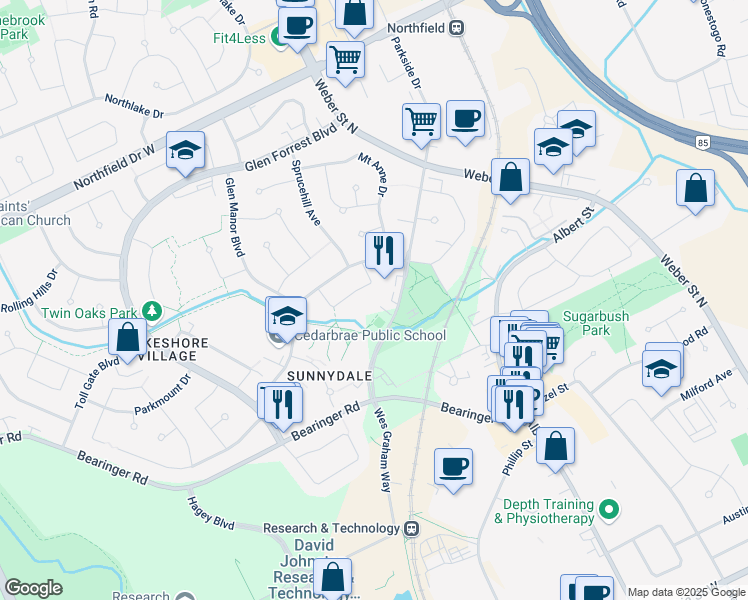 map of restaurants, bars, coffee shops, grocery stores, and more near 475 Parkside Drive in Waterloo