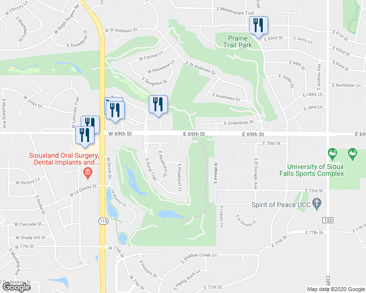 map of restaurants, bars, coffee shops, grocery stores, and more near 6208 South Pinehurst Court in Sioux Falls