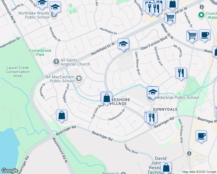 map of restaurants, bars, coffee shops, grocery stores, and more near 598 Glen Forrest Boulevard in Waterloo