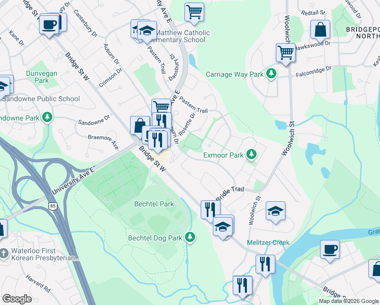map of restaurants, bars, coffee shops, grocery stores, and more near 232 Auburn Drive in Waterloo