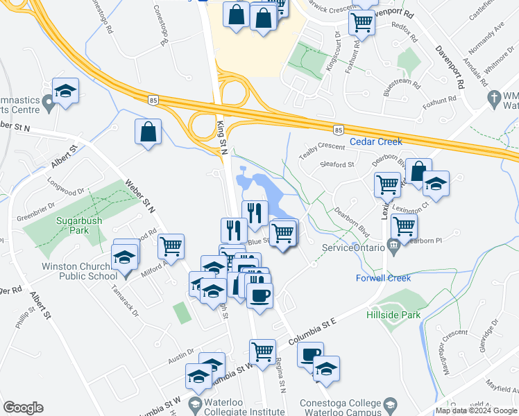 map of restaurants, bars, coffee shops, grocery stores, and more near 30 Blue Springs Drive in Waterloo