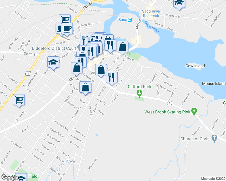 map of restaurants, bars, coffee shops, grocery stores, and more near 65 Pool Street in Biddeford