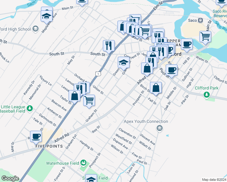map of restaurants, bars, coffee shops, grocery stores, and more near 63 Graham Street in Biddeford