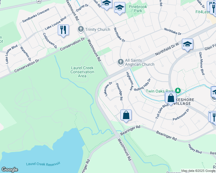 map of restaurants, bars, coffee shops, grocery stores, and more near 366 Lakeview Drive in Waterloo