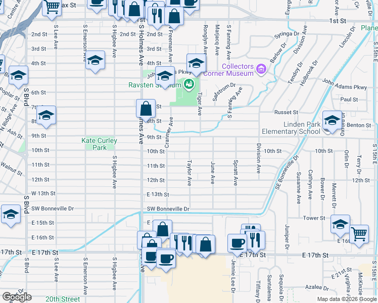 map of restaurants, bars, coffee shops, grocery stores, and more near 698 10th Street in Idaho Falls
