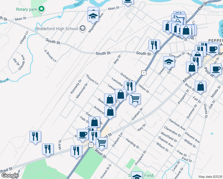 map of restaurants, bars, coffee shops, grocery stores, and more near 28 Lessard Avenue in Biddeford