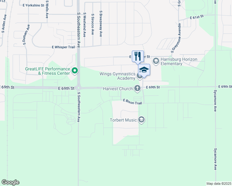 map of restaurants, bars, coffee shops, grocery stores, and more near 6101 South Vineyard Avenue in Sioux Falls