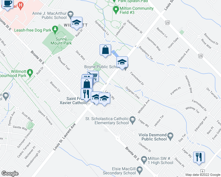map of restaurants, bars, coffee shops, grocery stores, and more near 7301 Louis Saint Laurent Avenue in Milton