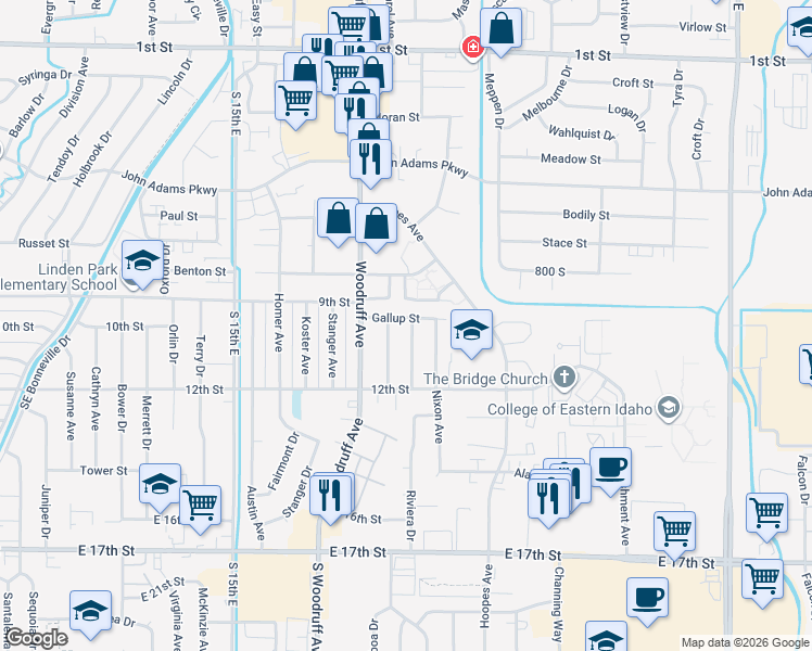 map of restaurants, bars, coffee shops, grocery stores, and more near 1821 Gallup Street in Idaho Falls