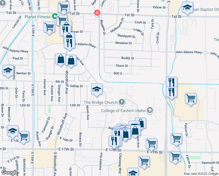 map of restaurants, bars, coffee shops, grocery stores, and more near 955 Hoopes Avenue in Idaho Falls