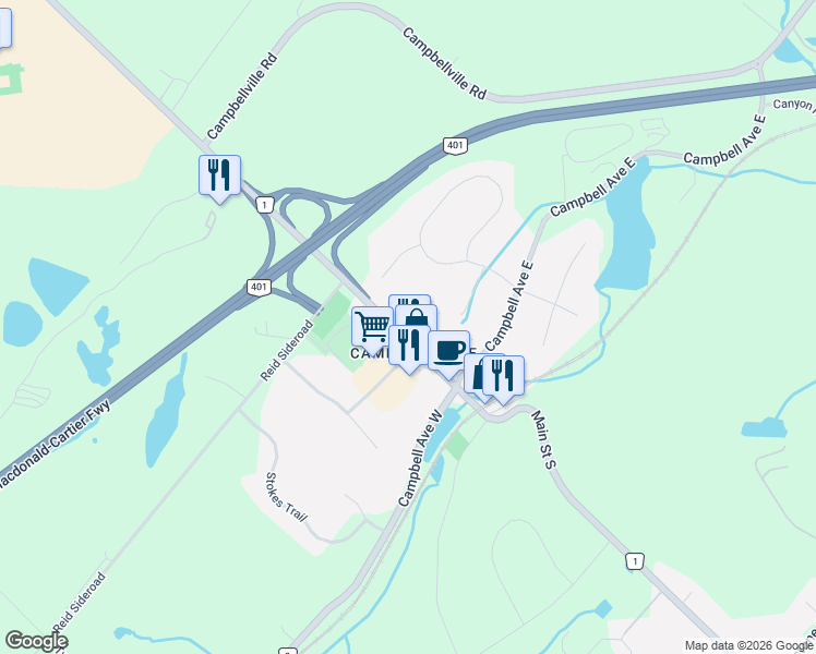 map of restaurants, bars, coffee shops, grocery stores, and more near 87 Main Street North in Milton