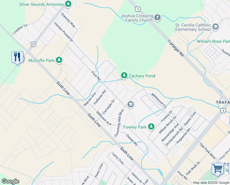 map of restaurants, bars, coffee shops, grocery stores, and more near 3255 Post Road in Oakville