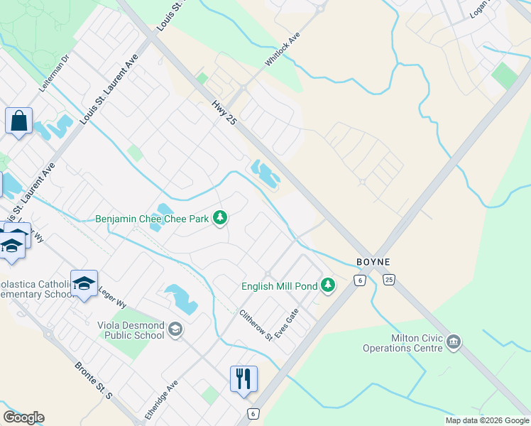 map of restaurants, bars, coffee shops, grocery stores, and more near 1382 Orr Terrace in Milton