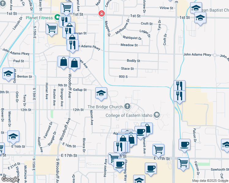 map of restaurants, bars, coffee shops, grocery stores, and more near 2066 Meppen Drive in Idaho Falls