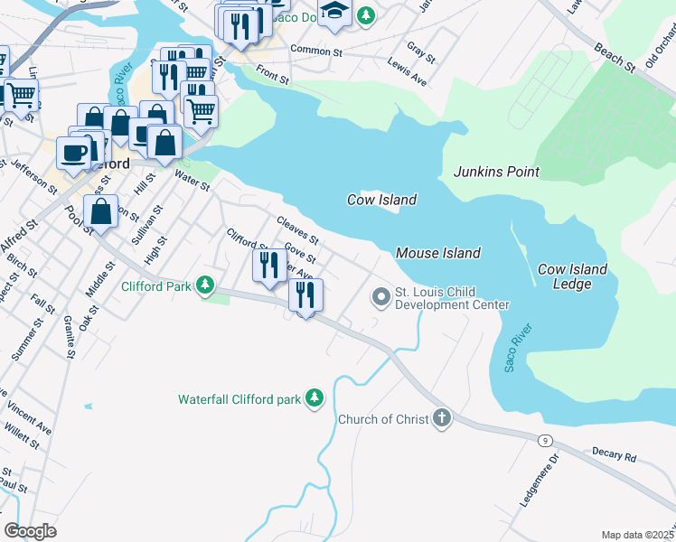 map of restaurants, bars, coffee shops, grocery stores, and more near 173 Cleaves Street in Biddeford