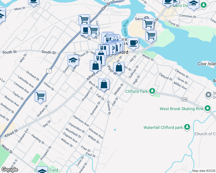 map of restaurants, bars, coffee shops, grocery stores, and more near 31 Mount Vernon Street in Biddeford