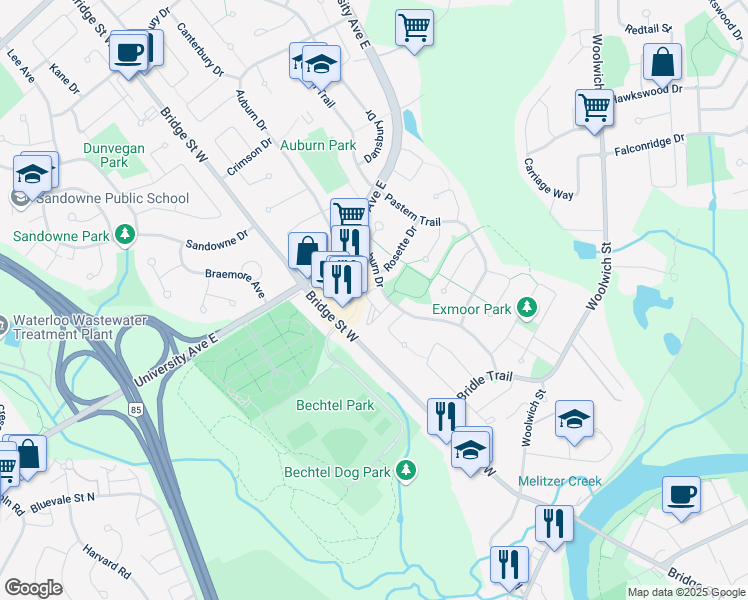 map of restaurants, bars, coffee shops, grocery stores, and more near in Waterloo