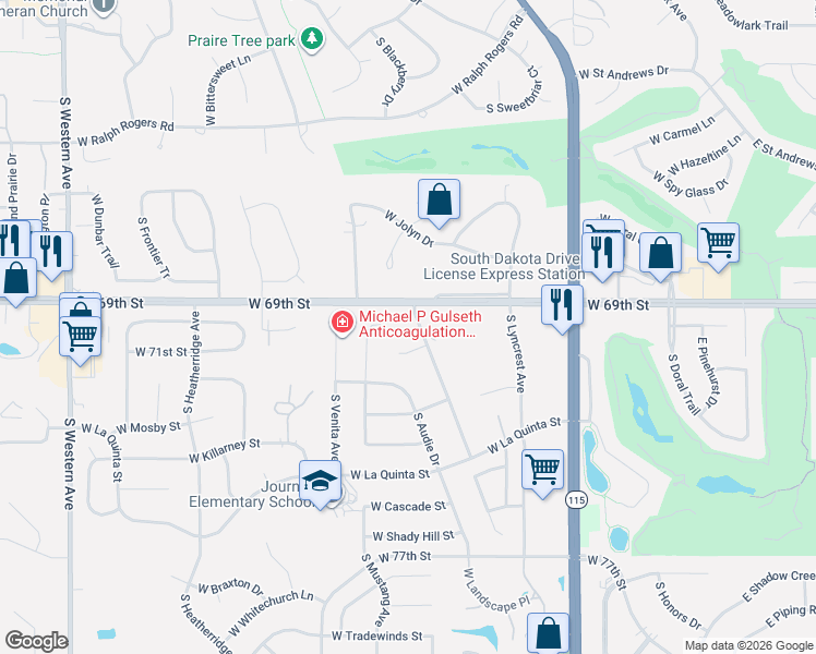 map of restaurants, bars, coffee shops, grocery stores, and more near 6106 South Avalon Avenue in Sioux Falls