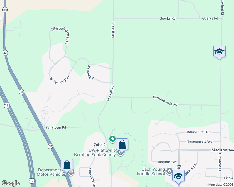 map of restaurants, bars, coffee shops, grocery stores, and more near E11220 Birnamwoods Road in Baraboo