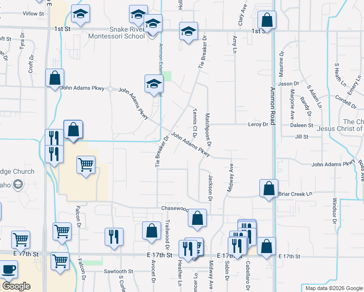 map of restaurants, bars, coffee shops, grocery stores, and more near 3101 John Adams Parkway in Ammon