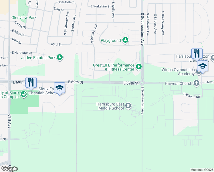 map of restaurants, bars, coffee shops, grocery stores, and more near 47550-47592 E 69th St in Sioux Falls