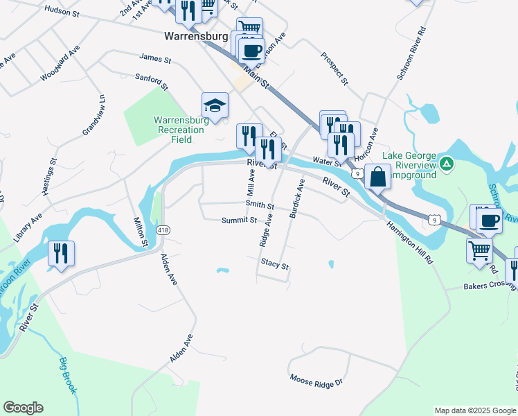 map of restaurants, bars, coffee shops, grocery stores, and more near 5 Mill Avenue in Warrensburg