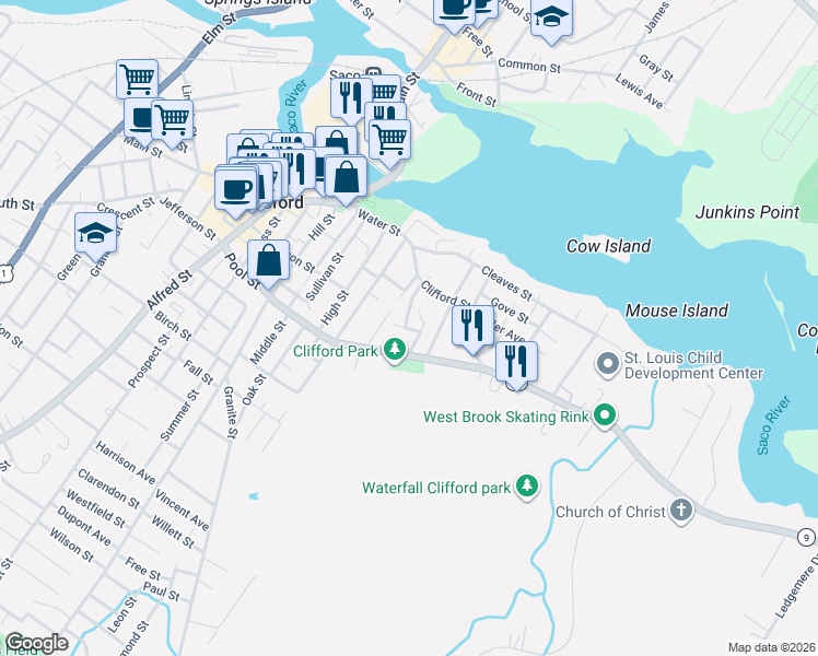 map of restaurants, bars, coffee shops, grocery stores, and more near 4 Tibbetts Avenue in Biddeford