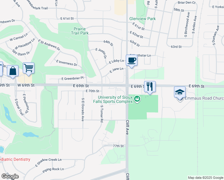 map of restaurants, bars, coffee shops, grocery stores, and more near 976-1098 East 69th Street in Sioux Falls