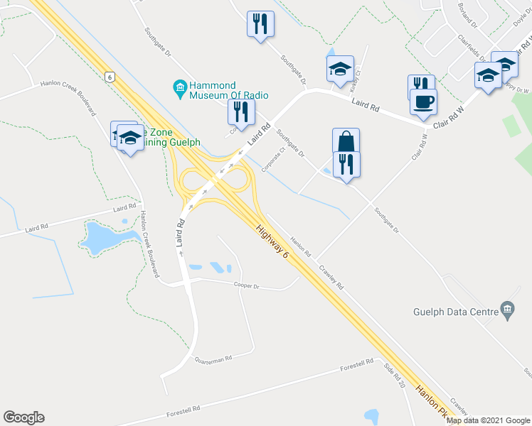 map of restaurants, bars, coffee shops, grocery stores, and more near Hanlon Road in Guelph