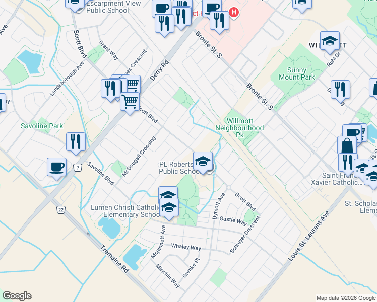 map of restaurants, bars, coffee shops, grocery stores, and more near 166 Fennamore Terrace in Milton