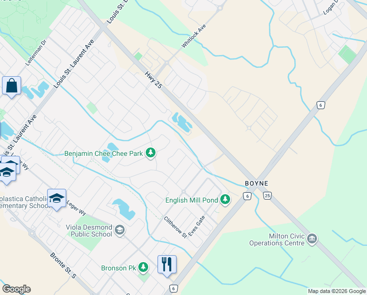 map of restaurants, bars, coffee shops, grocery stores, and more near 1382 Orr Terrace in Milton
