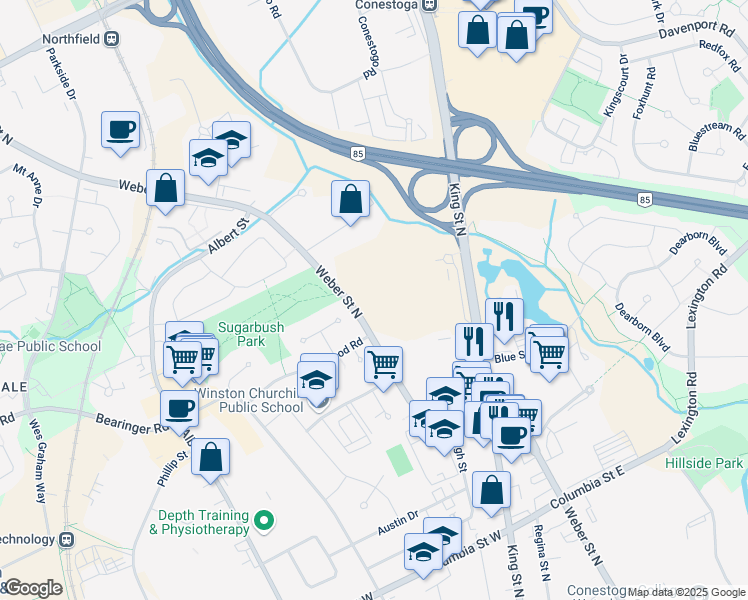 map of restaurants, bars, coffee shops, grocery stores, and more near 470 Weber Street North in Waterloo