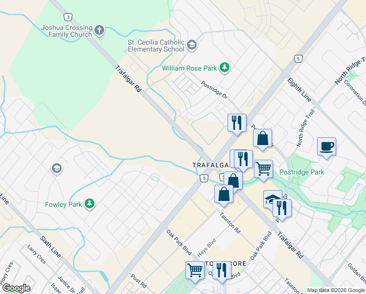 map of restaurants, bars, coffee shops, grocery stores, and more near 3064 Trafalgar Road in Oakville