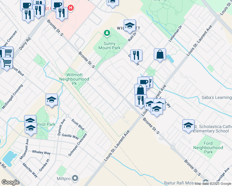 map of restaurants, bars, coffee shops, grocery stores, and more near Biason Circle in Milton