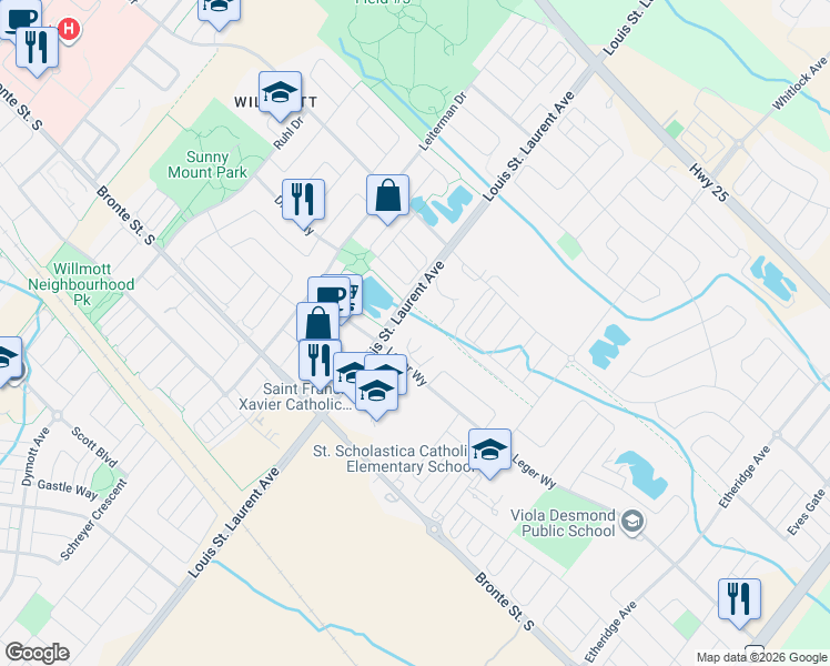 map of restaurants, bars, coffee shops, grocery stores, and more near 1105 Leger Way in Milton
