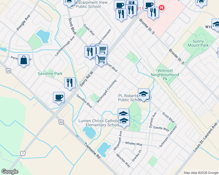 map of restaurants, bars, coffee shops, grocery stores, and more near 292 McDougall Crossing in Milton