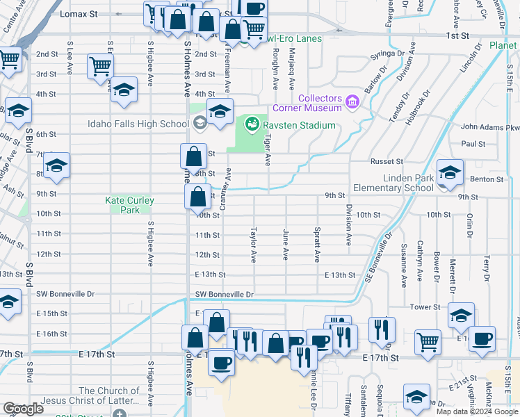 map of restaurants, bars, coffee shops, grocery stores, and more near 900 Taylor Avenue in Idaho Falls