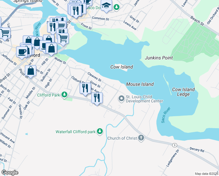 map of restaurants, bars, coffee shops, grocery stores, and more near 173 Cleaves Street in Biddeford