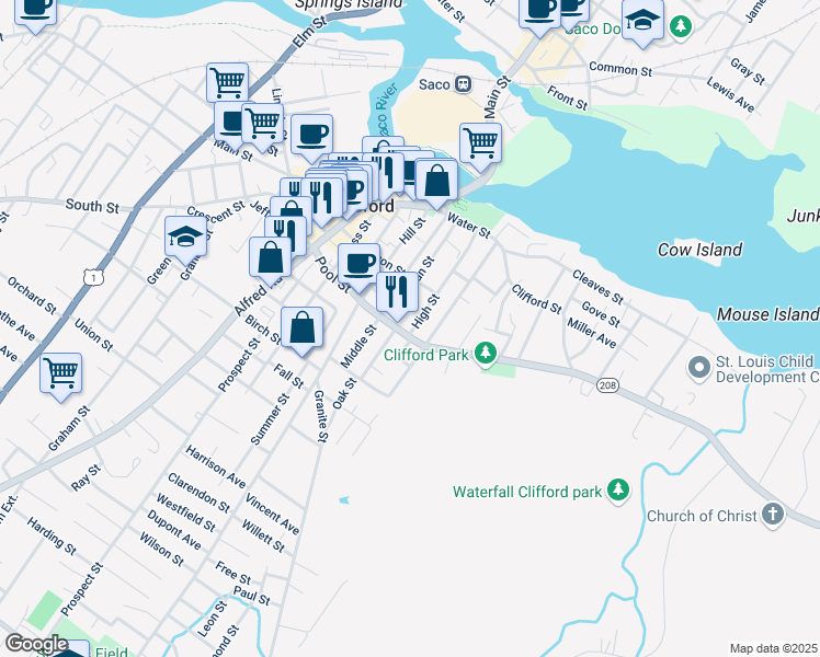 map of restaurants, bars, coffee shops, grocery stores, and more near 65 Pool Street in Biddeford